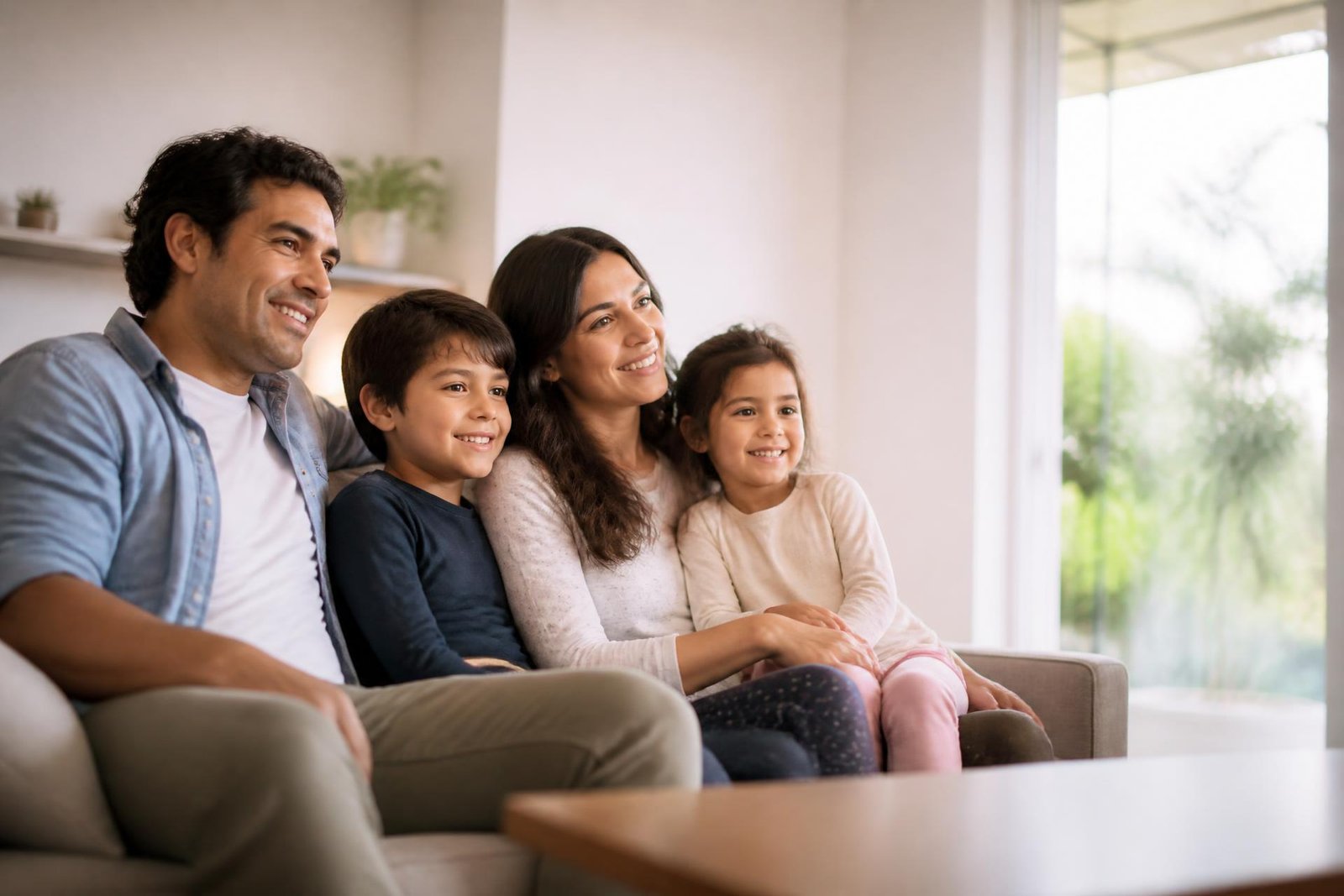 Familia conversando tranquila en su hogar